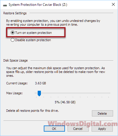 Enable system restore in Windows 10/11