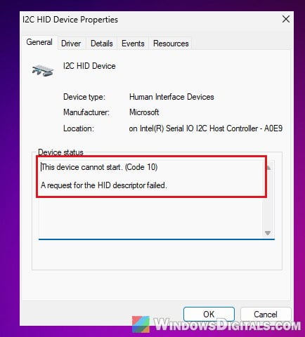 I2C HID Device Code 10 HID descriptor failed Windows 11