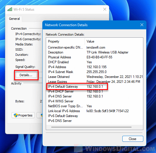 IPv4 Default Gateway IP address Windows 11