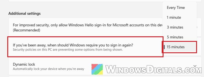 If you've been away when should Windows require you to sign in again