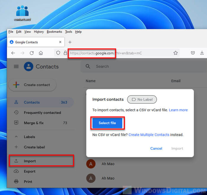 Import VCF to Gmail Google Contacts