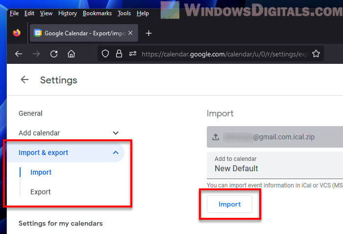 Import default calendar data in Google