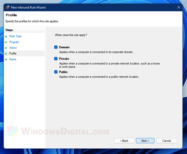 Inbound Outbound rules domain private public Windows Firewall