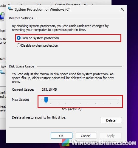 Increase Max Usage for restore points Windows 11