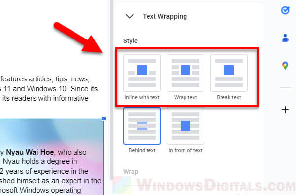 Inline, wrap or break text in Google Docs