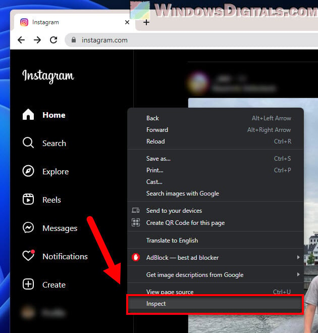 Inspect Instagram website on Chrome