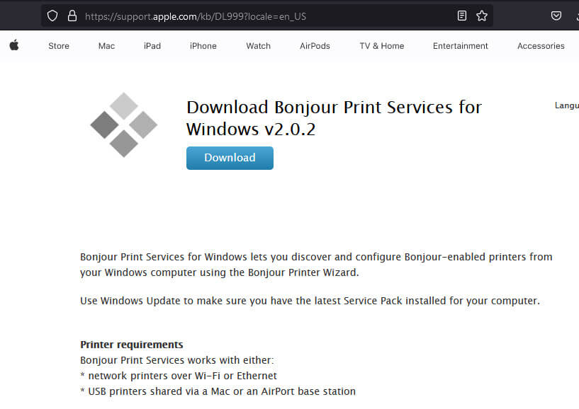 Install Bonjour Print Service for AirPrint on Windows