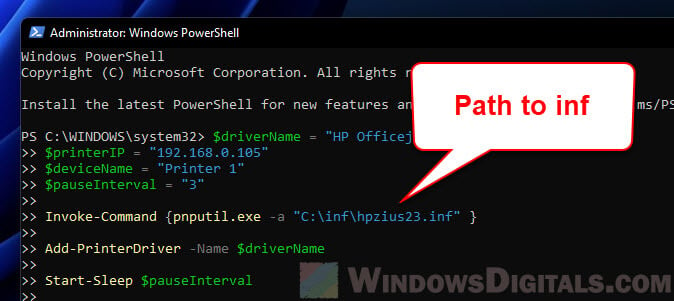 Install Printer INF driver Windows PowerShell