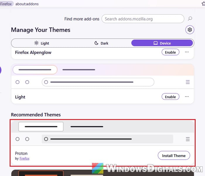 Install Proton theme Firefox Add-ons Manager