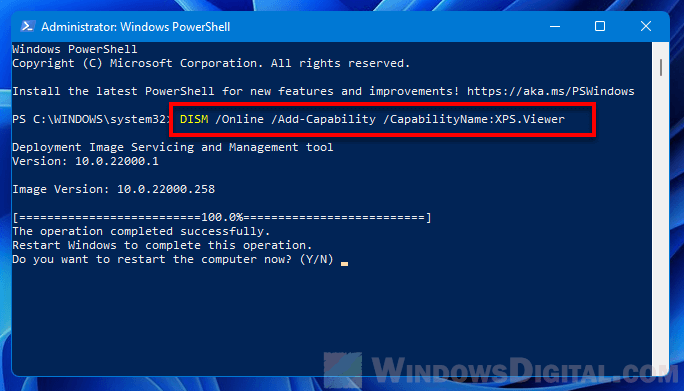 Instal XPS Viewer Windows 11 melalui PowerShell CMD