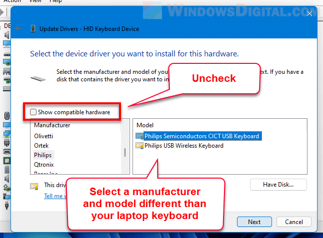 Install wrong driver to disable laptop keyboard