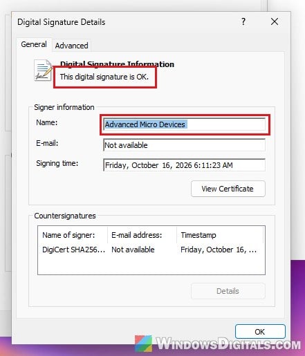 InstallManagerApp.exe digital signature Advanced Micro Devices Windows 11