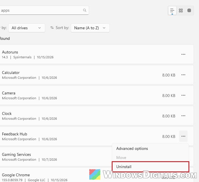 Installed apps Settings Windows 11 uninstall unwanted program