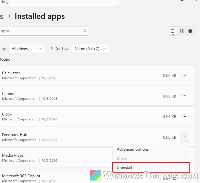Installed apps uninstall Windows 11
