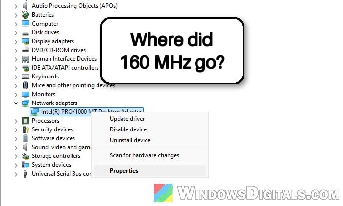 Intel AX211 or AX201 160 MHz Option Missing, Only 20 MHz?