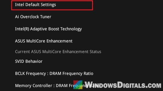 Intel Default Settings option in motherboard BIOS