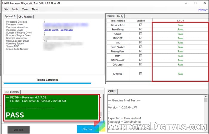 Intel Processor Diagnostic Tool test results PASS