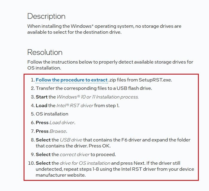 Intel RST driver support article Load driver