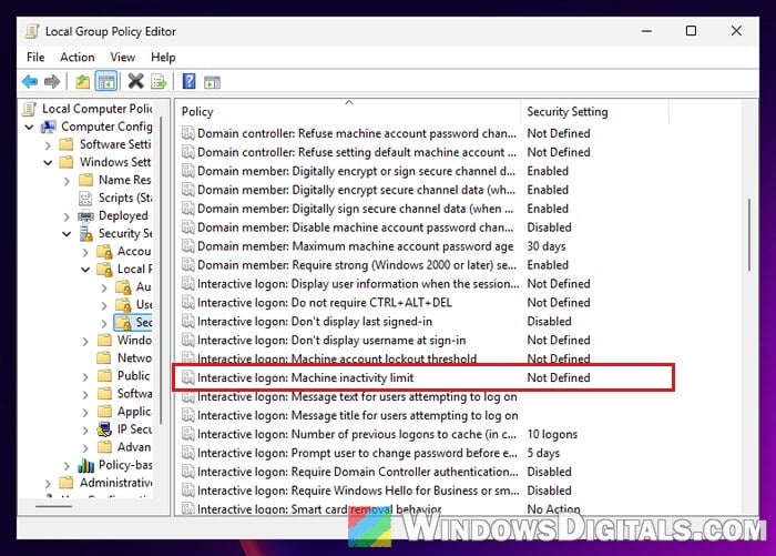 Interactive logon Machine inactivity limit policy Windows 11