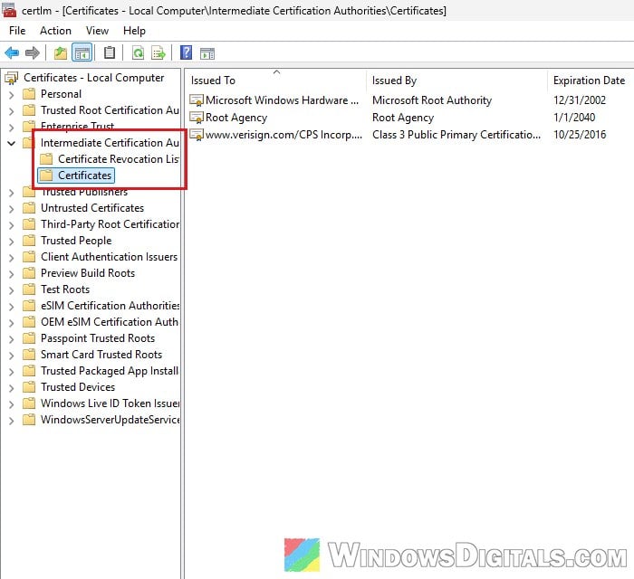 Intermediate Certification Authorities in certlm Windows 11