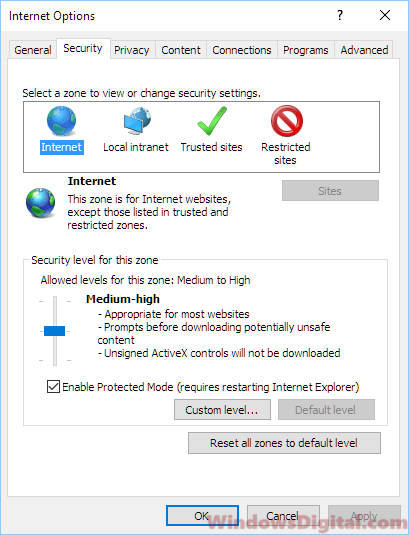 Internet Security level zone