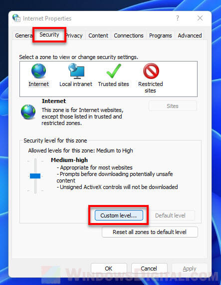 Internet Security Custom level