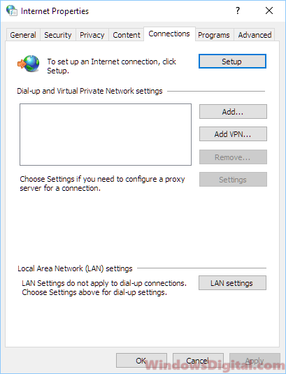 Internet options Lan settings