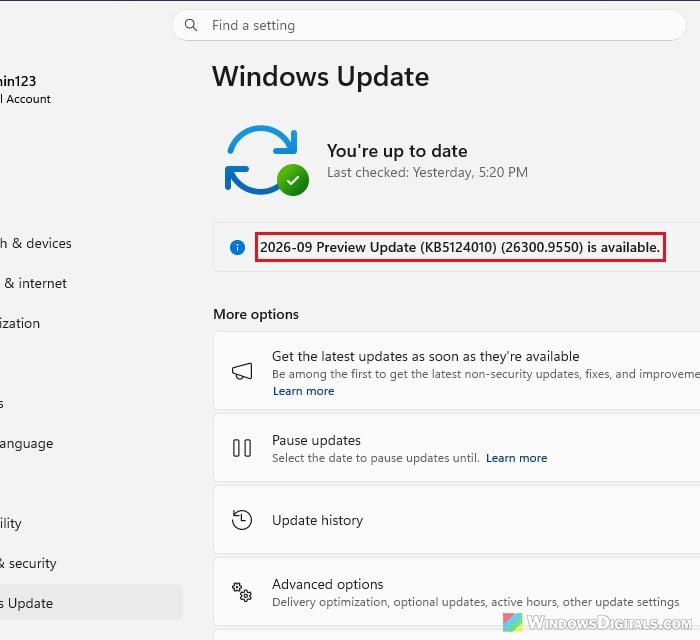 KB5124010 preview update in Windows Update Windows 11