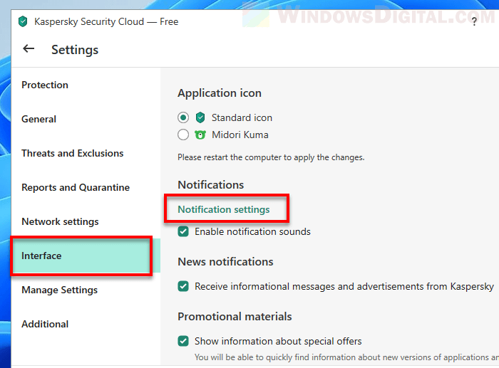 Kaspersky Notification Settings Windows 11