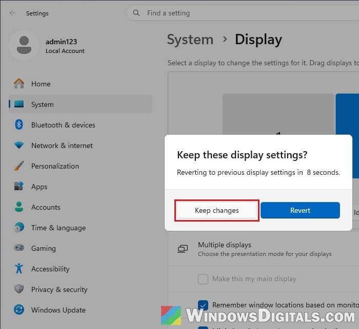 Keep display changes in Windows 11 Display settings