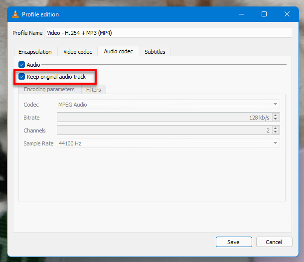 Keep original audio track VLC