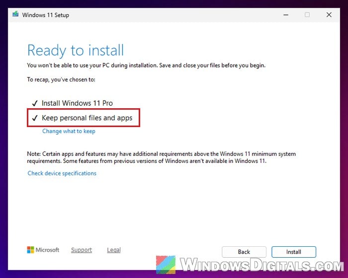 Keep personal files and apps Windows 11 setup