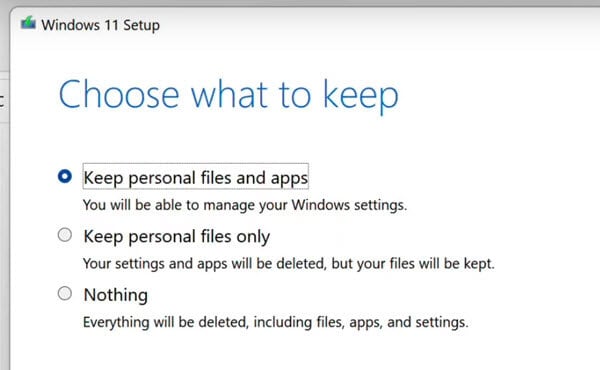 Keep personal files and apps Windows 11