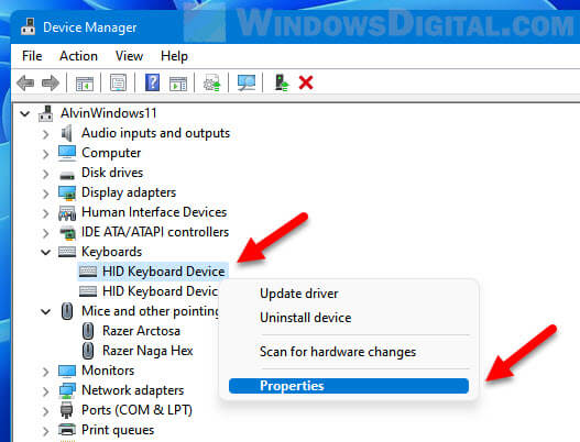 Keyboard Properties Device Manager Windows 11