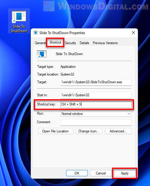 Keyboard shortcut Slide to Shutdown Windows 11