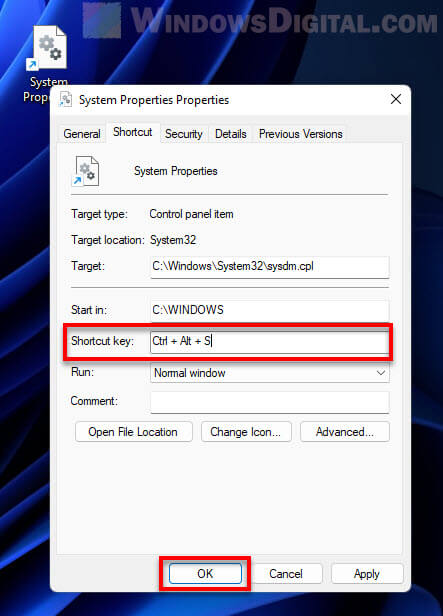 Keyboard shortcut to open System Properties in Windows 11