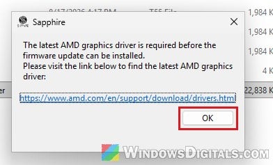 Latest AMD graphics driver required Sapphire firmware updater Windows 11