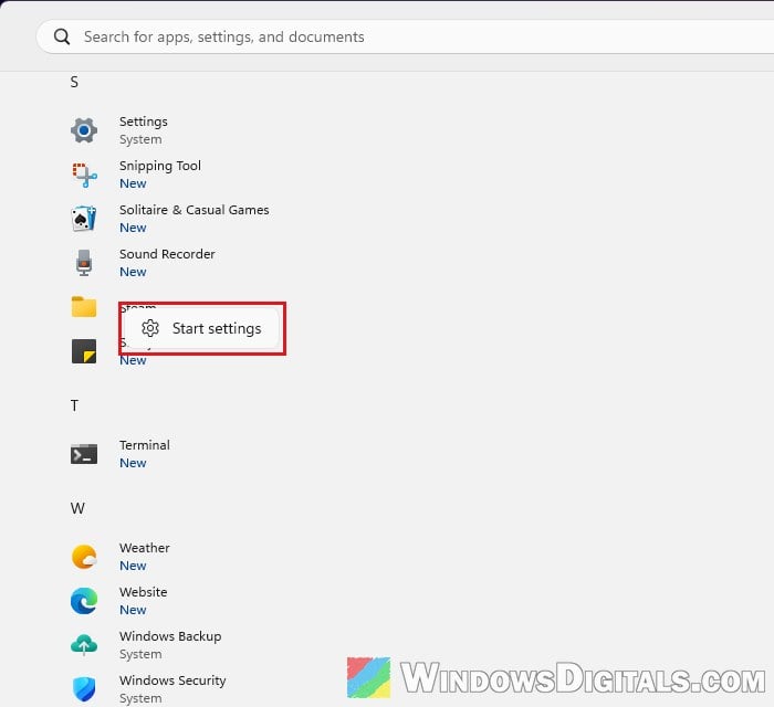 Leftover app folder in Start menu All list Windows 11