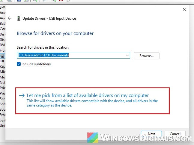 Let me pick from a list of available drivers on my computer