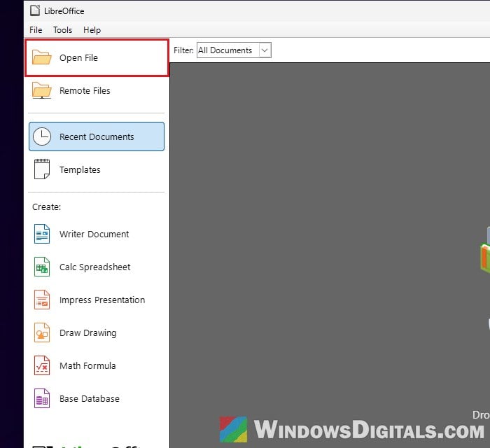 LibreOffice Start Center Open File Windows 11