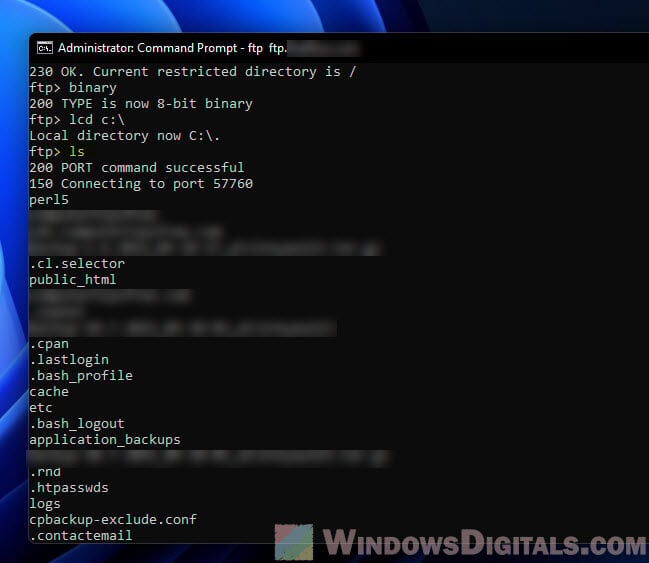 List FTP server directory and files in CMD Windows