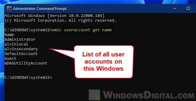 List all user accounts Windows 11 command prompt