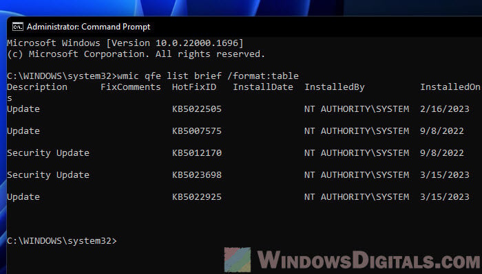 List installed KB updates using Command Prompt