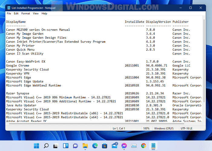 List installed programs and save as text file Windows 11