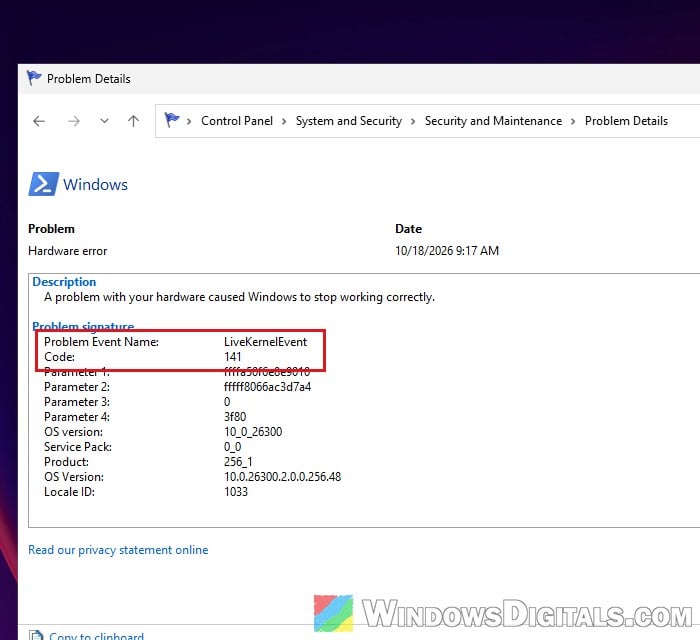 LiveKernelEvent 141 Hardware error in Reliability Monitor Windows 11