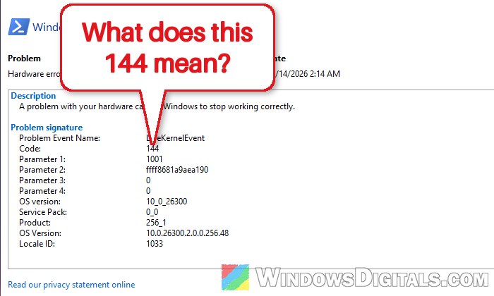 LiveKernelEvent 144 Hardware Error in Reliability Monitor, Why?