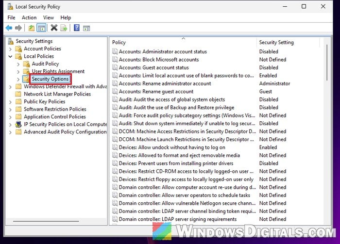 Local Security Policy Security Options Windows 11