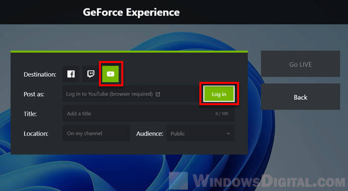 Log in YouTube GeForce Experience