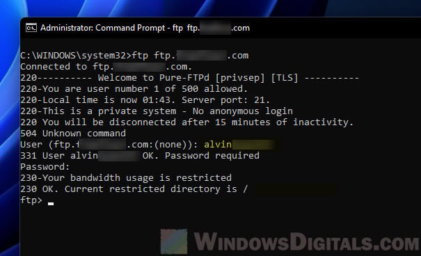 Logging into FTP with a username and password using command line