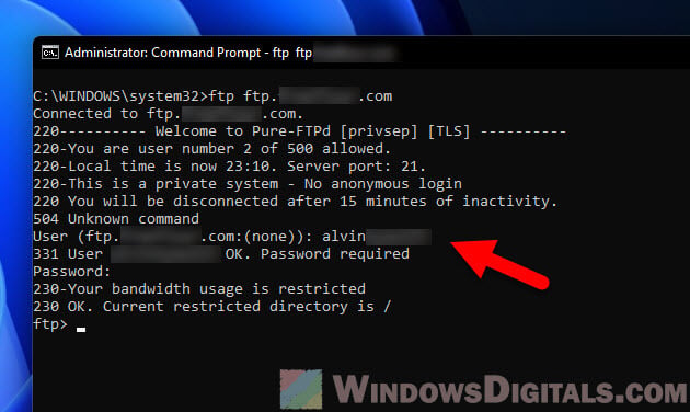Login to FTP server via CMD in Windows